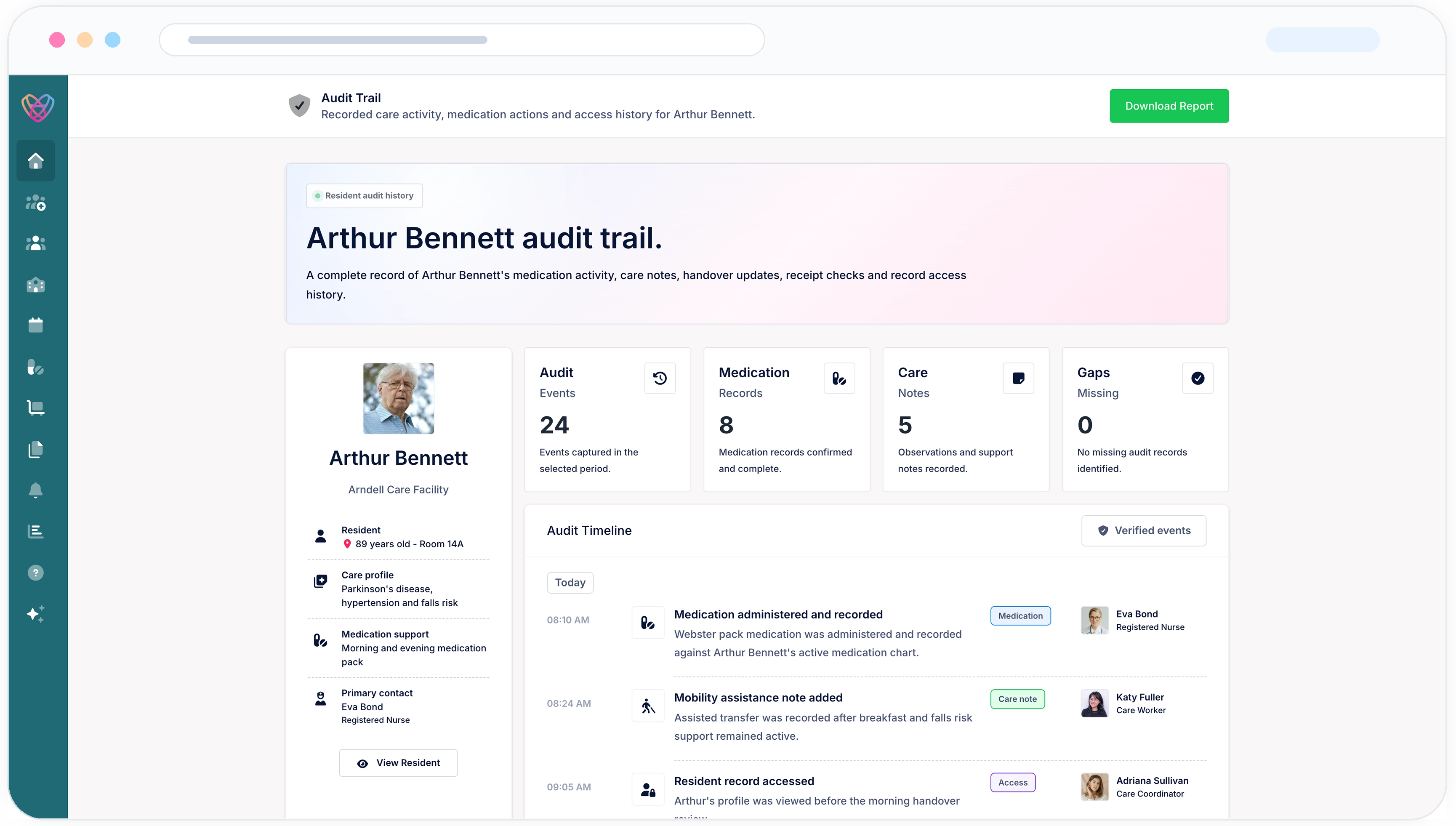 Desktop preview showing aged care medication and care plan records