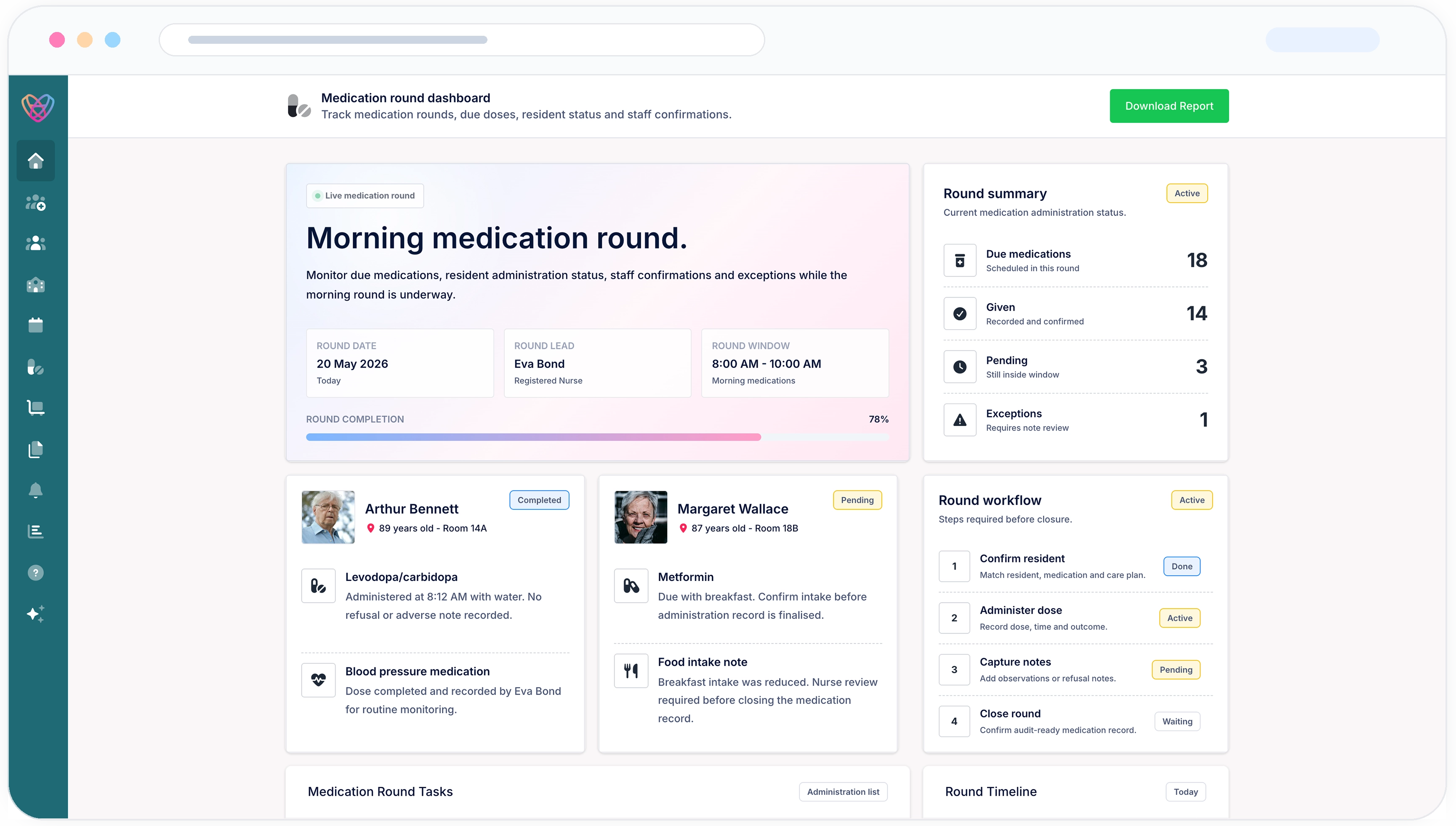 Desktop preview showing aged care medication and care plan records