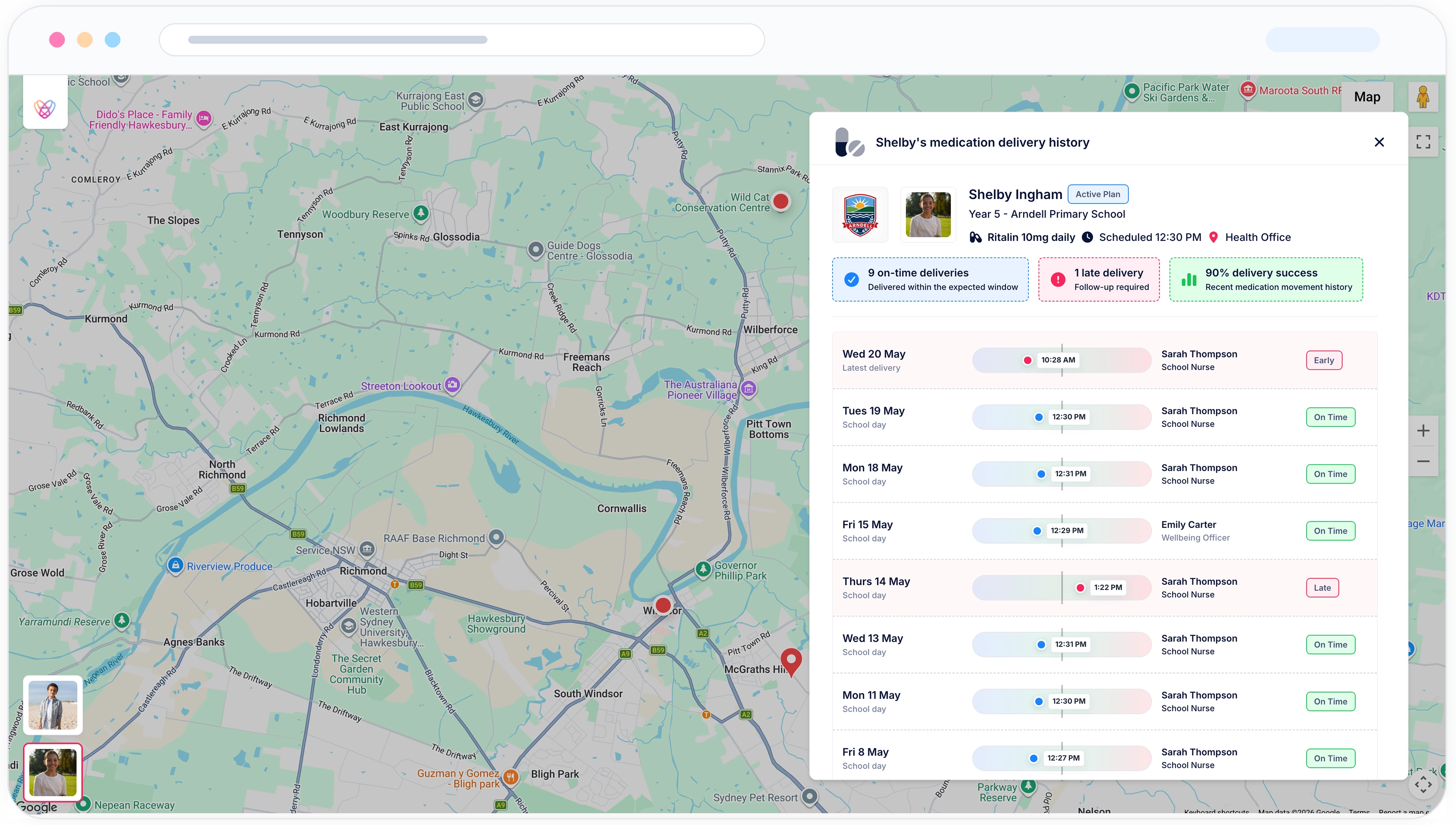 Desktop wireframe showing operational visibility across medication deliveries