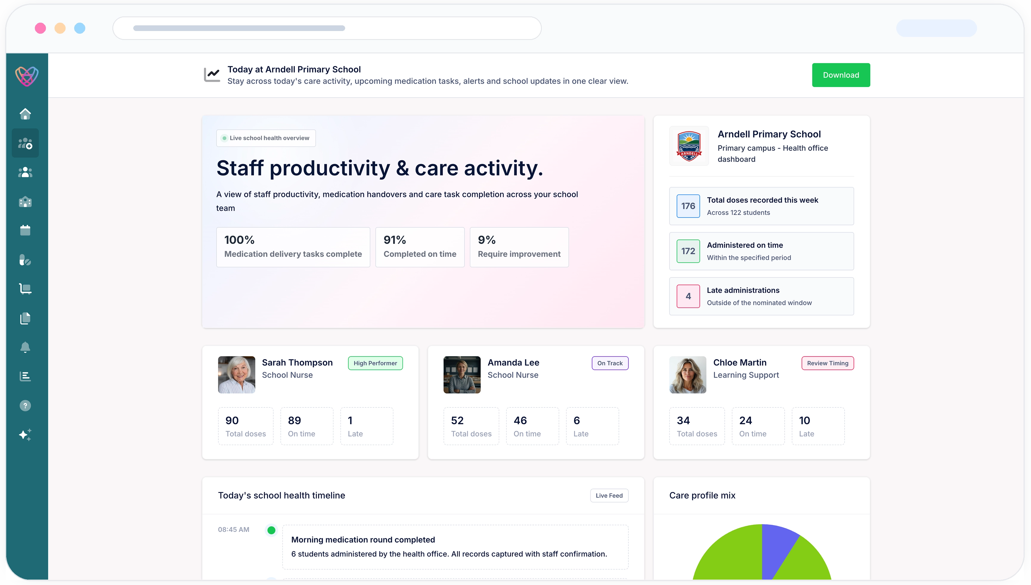 Desktop preview showing a full school medication handover record